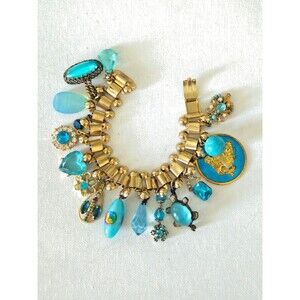 Vintage 1960s Loaded Assemblage Charm Bracelet Buddha Blue Glass & Rhinestone 8"